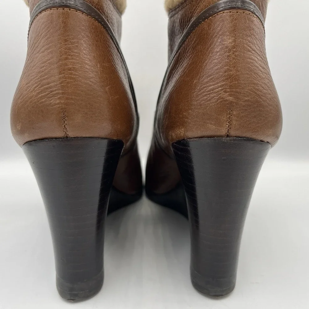 Franco Sarto Ankle Boot‎ Wedge Leather Sherpa Womens 7.5 Brown Lace Up Waverly